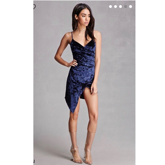 Velvet Navy Blue Asymmetrical Bodycon Dress - Picture 3 of 5